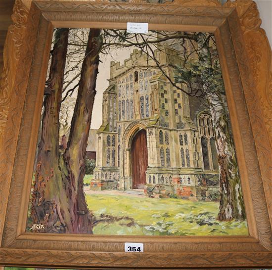 Alfred Palmer, six oils, Views of churches and cottages, signed, in ornate frames carved by the artist, largest overall 65 x 76cm